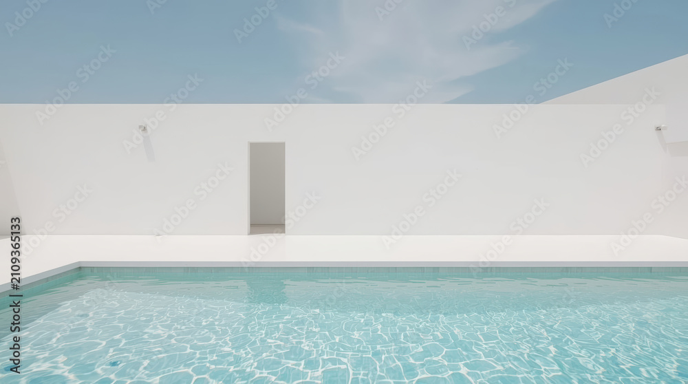 Fototapeta premium Minimalist luxury pool villa calm pool clean blue sky serene modern courtyard