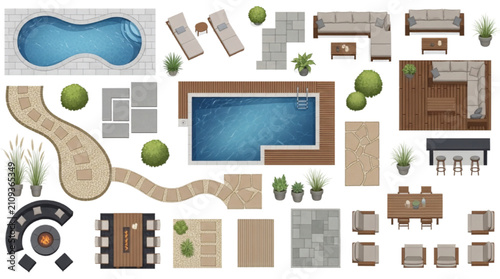 Landscape Design CAD Block Collection with Top View Pool Patio Furniture
