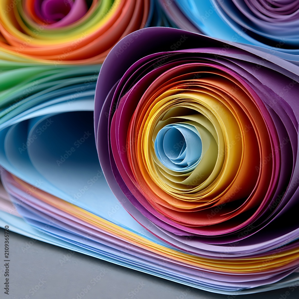 Fototapeta premium Colorful Rolled Paper Sheets in Vibrant Tones for Art, Craft, and Design Projects