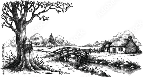 Obraz na płótnie Vintage countryside landscape sketch, rustic cottage bridge and majestic tree il