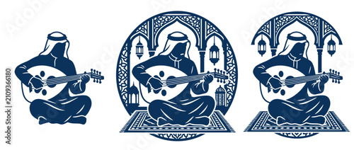 Fotografi Musician Playing Oud Instrument in Middle Eastern Setting