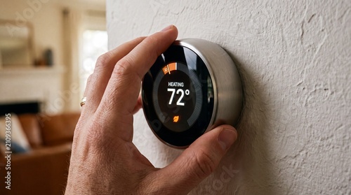 Close-up of Hand Adjusting the Temperature on a Modern Circular Smart Thermostat