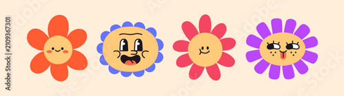 Groovy daisies set with cute funny face expressions, happy kawaii emotions. R...