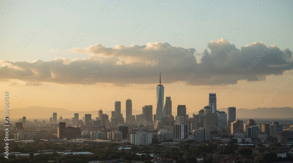 Fototapeta premium Modern downtown skyline at sunrise with warm light and soft cloud