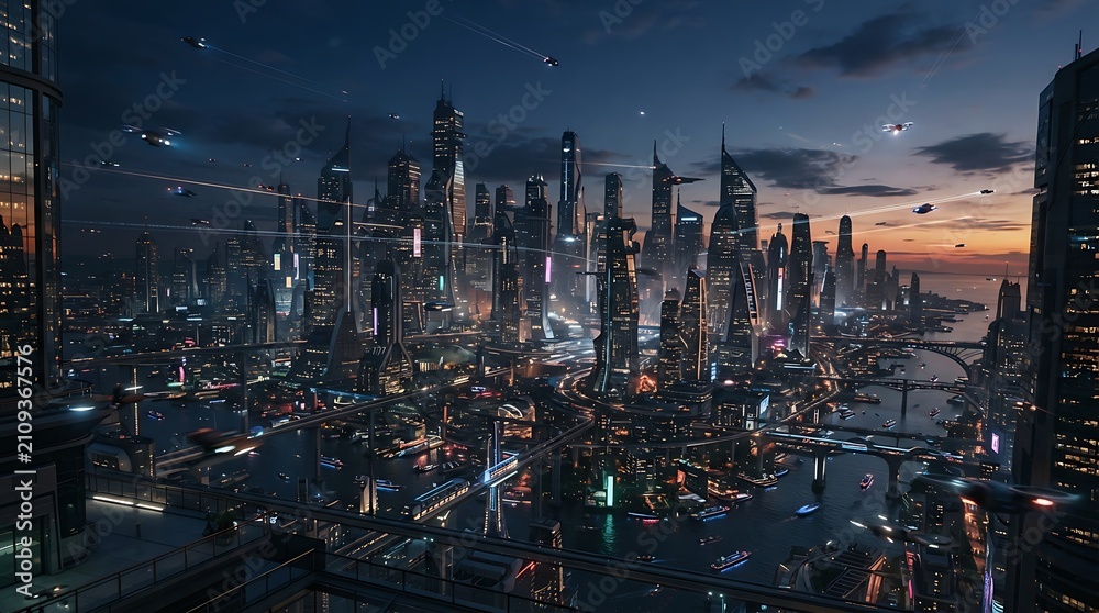 Fototapeta premium Futuristic City Skyline At Dusk With Glowing Windows And Drones