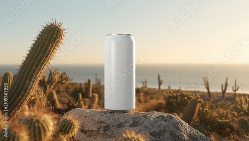 Blank Beverage Can Mockup with Cactus and Ocean View