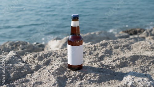 Blank Beer Bottle Mockup on Coastal Rocks, Ocean View