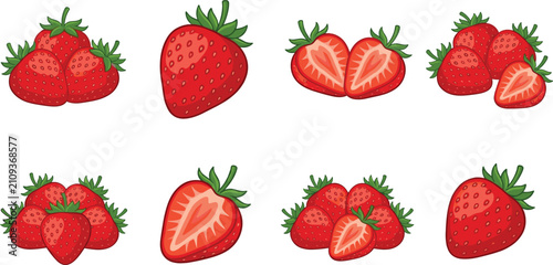 Fotografie Fresh red strawberry vector illustration bundle featuring whole berries with green calyx leaves, cut halves showing textured seeds, and grouped fruit piles