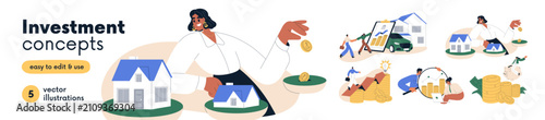 Investment concept set. Investing in real estate, houses, planning budget, gr...