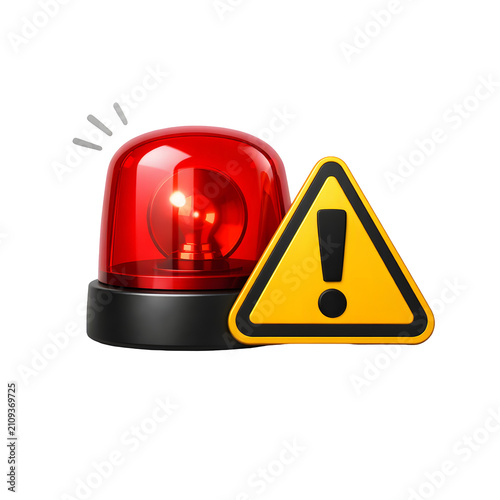 Bright red emergency siren light paired with a yellow triangular warning sign showing a bold black exclamation mark icon symbol