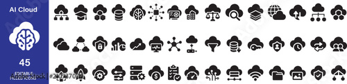 AI Cloud Filled Icon Set, Artificial Intelligence, Cloud Computing, Data Storage, Security, Network Technology Vector Collection