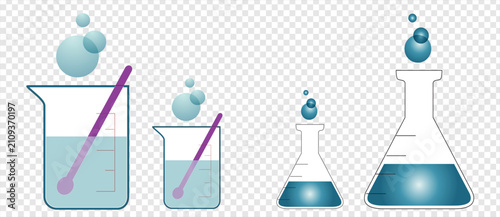Photos Laboratory Glassware Set, Beakers and Flasks with Liquid and Bubbles
