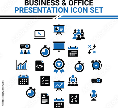 Collection of blue flat icons representing business technology and communication concepts on a white background