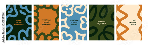 Modern abstract cards with doodle lines and motivational quotes, phrases. Pos...
