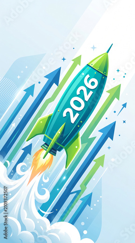 A stylized rocket labeled 2026 launches upward amidst a gradient of blue and green arrows, symbolizing progress and future success