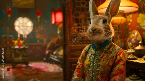 Cute rabbit dressed in traditional Asian clothing, sitting in a cozy, warmly lit room with vintage decor and soft ambient lighting, creating a char...