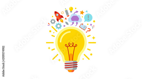 Bright idea concept with glowing lightbulb and creative brainstorming elements bursting out of it