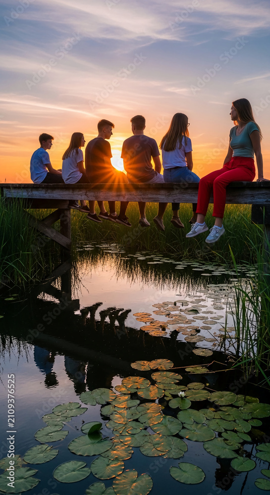 Fototapeta premium Teenagers sitting on a wooden pier at sunset over a tranquil pond, symbolizing youth, friendship, and serene summer evenings