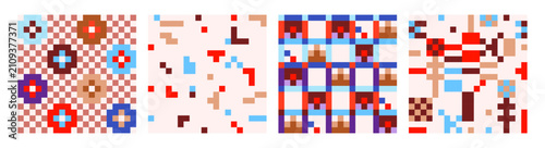 Retro 8-bit pixel art patterns set. Digital endless background designs for te...