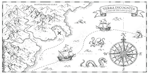 Bild auf Leinwand Vintage treasure map illustration with mountains, sailing ships, sea monsters an