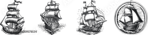Fotografie A collection of vintage sailing ship illustrations showcasing distinct designs, mast details, and sails