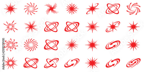 Φωτογραφία Set of red star bursts and dynamic rotating swirl shapes for graphic design elem
