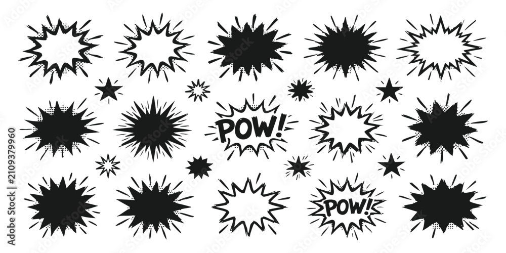 Obraz premium Set of black and white comic book style speech bubbles explosion shapes and star icons for graphic design