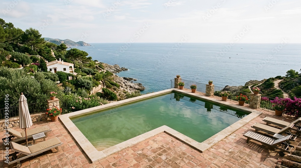 Fototapeta premium Luxury villa with infinity pool overlooking the Mediterranean Sea, coastal landscape