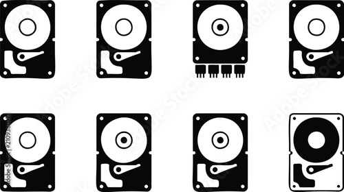 Quadro su tela Collection of eight distinct hard disk drive icons representing storage technolo
