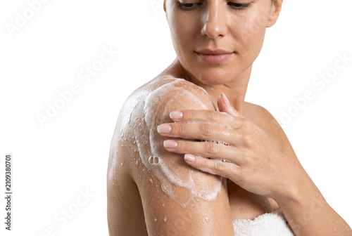 Skincare routine photo, woman applying body lotion foam, clean beauty spa wellness concept image isolated PNG with Transparent Background