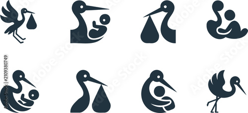 Konstfotografi Collection of simplified stork and baby icons representing birth and new family
