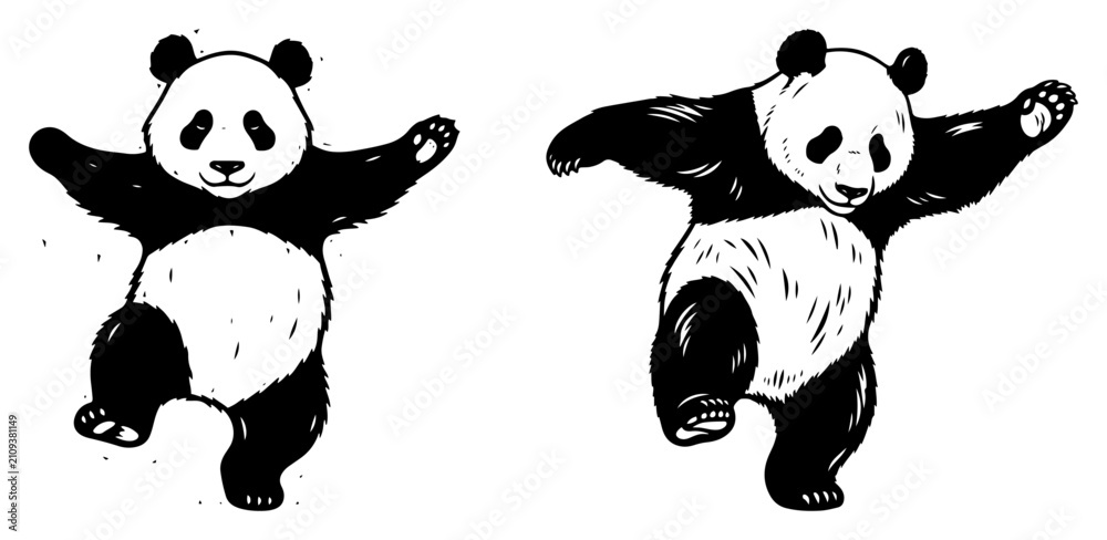 Fototapeta premium Dancing panda bear woodcut style illustration, cute giant panda animal character moving and having fun