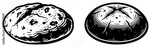 Slika na platnu Round artisanal sourdough bread loaves woodcut style illustration, fresh baked c