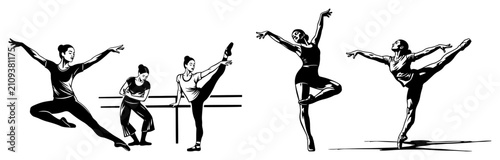 Cuadro en lienzo Ballerinas practicing at the barre and dancing woodcut style illustration, class