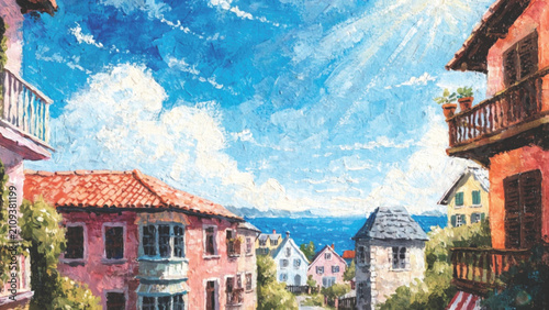 Gouache Hand painted Mediterranean Town vector background 