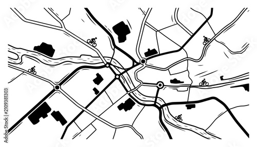 Bild auf Leinwand Abstract city map with bicycle routes woodcut style, urban street plan for cycli