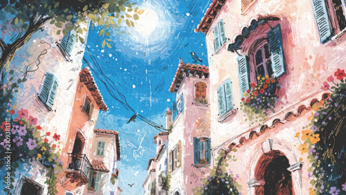 Gouache Hand painted Mediterranean Town vector background 