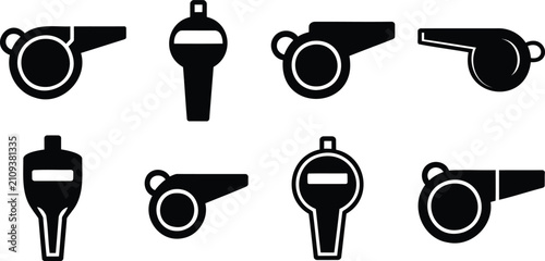 Foto Collection of various black whistle icons with a sleek and modern design on a wh