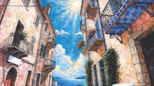 Gouache Hand painted Mediterranean Town vector background 