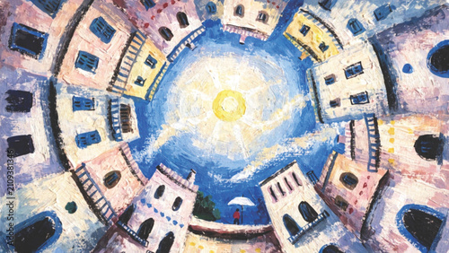 Gouache Hand painted Mediterranean Town vector background 