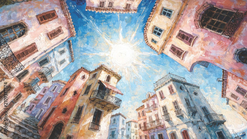 Gouache Hand painted Mediterranean Town vector background 