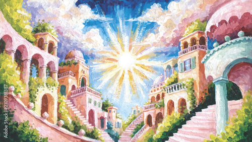 Gouache Hand painted Mediterranean Town vector background 