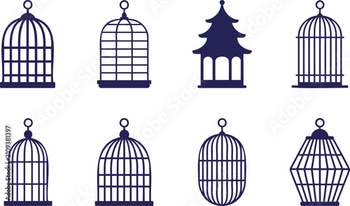 Foto Collection of various dark blue bird cages and decorative pagoda in silhouette s