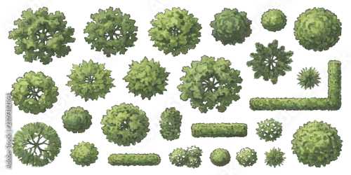Obraz Set of green trees and garden bushes seen from above for architectural landscape design and site planning
