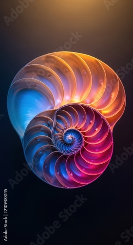 An intricate cross-section of a nautilus seashell reveals a perfect logarithmic spiral with smooth pearly chambers and geometric symmetry, white, structure, sea
