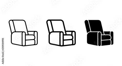 Recliner Chair Icons Set: Modern Furniture Vector Graphics, Simple Line Art and Silhouette