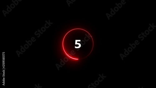 Glowing neon a digital countdown icon 10 to 0 with neon line circle animation on black background.