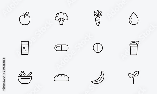 Nutrition line editable icon set. Containing Healthy Food, Vitamins, Supplements, Hydration, vegetables, fruits
