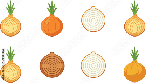 Foto Yellow onion vector illustration set featuring whole raw onions cross section ro