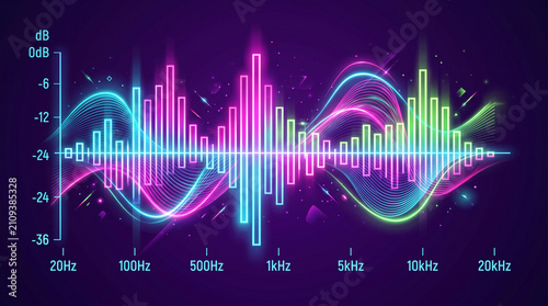 Vibrant neon audio equalizer displaying frequency and decibel levels for music production.
